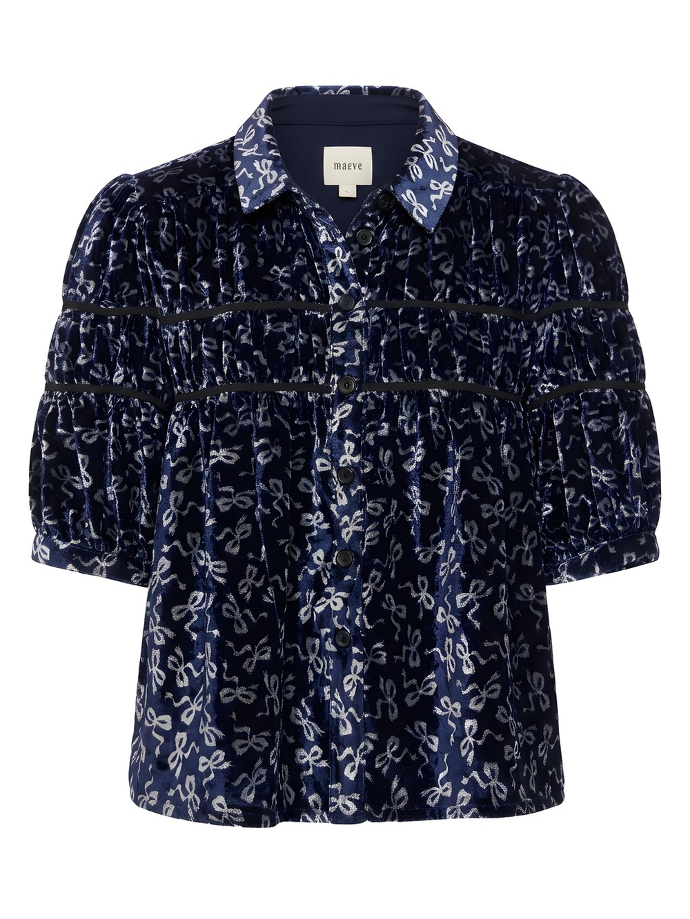 Anthropologies - Maeve- Navy Velvet Button-Front Puff Sleeve Top with Silver Bo
